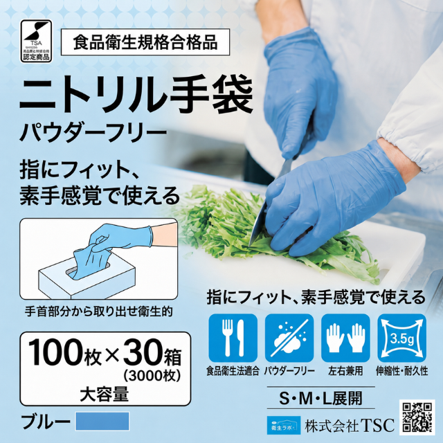 ニトリル手袋 パウダーフリー ブルー